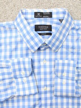 Nordstrom Shirt Men 16 1/2, 32-33 Blue/White Smartcare Trim Fit Wrinkle Free L/S